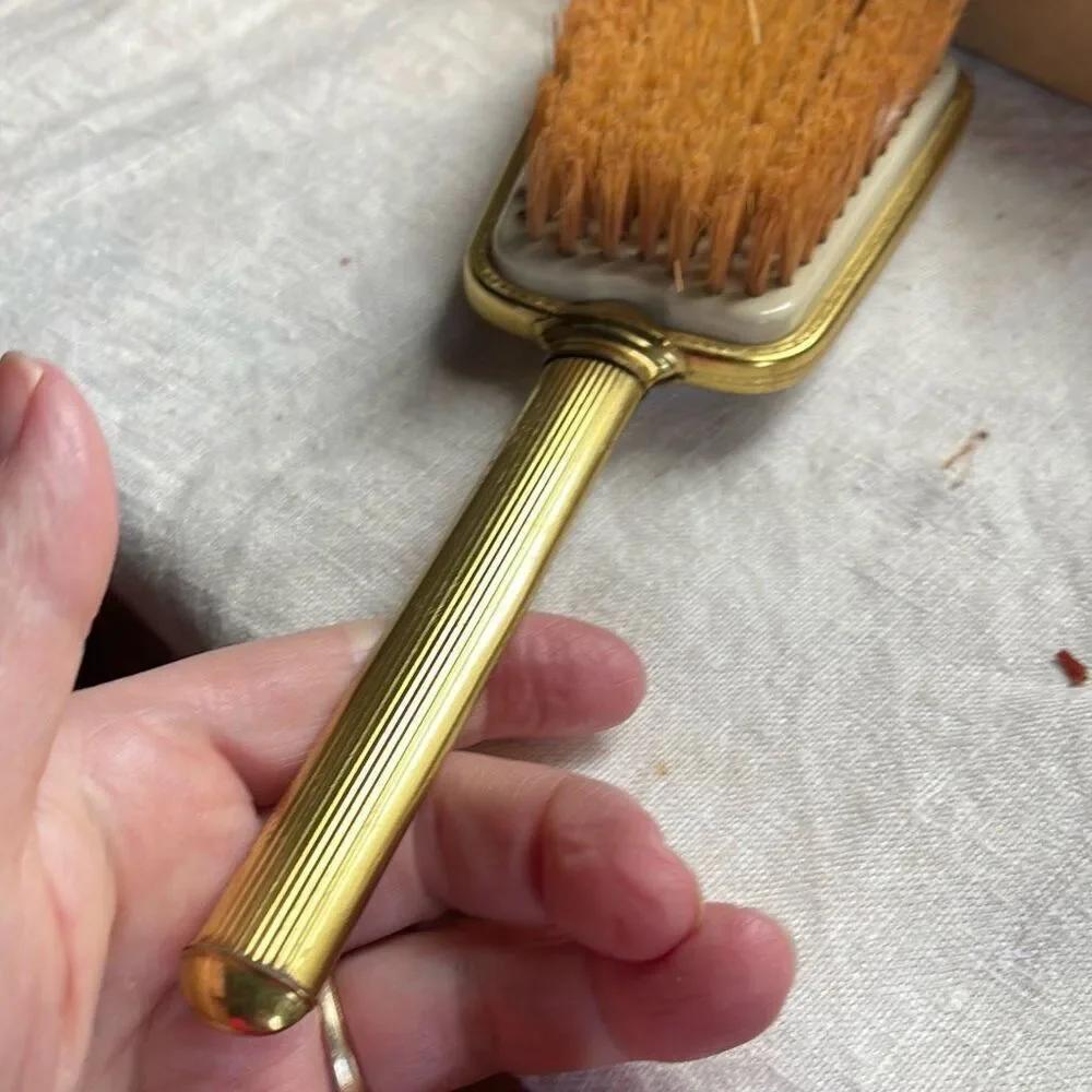 VTG Midcentury vanity set Art Nouveau styles brush & mirror in box.